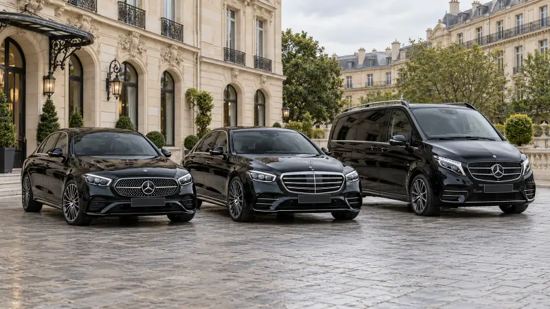 Illustration of three black Mercedes vehicles, an E-Class, an S-Class and a V-Class, outside a Parisian hotel.