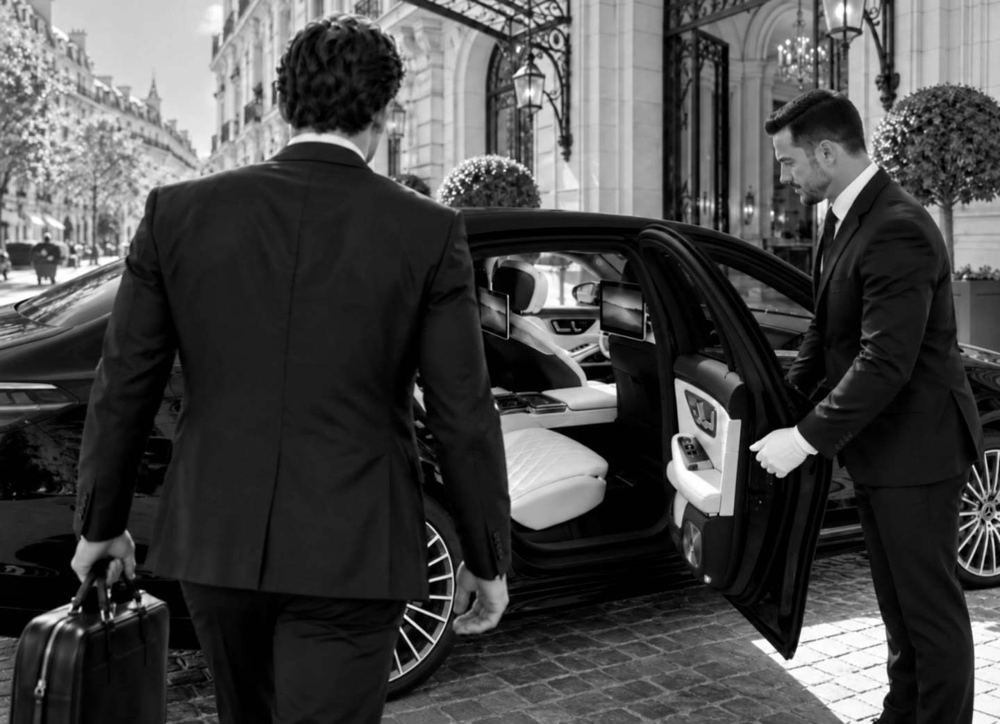 Un chauffeur tient la porte arrière d’une Mercedes noire ouverte devant un hôtel parisien.