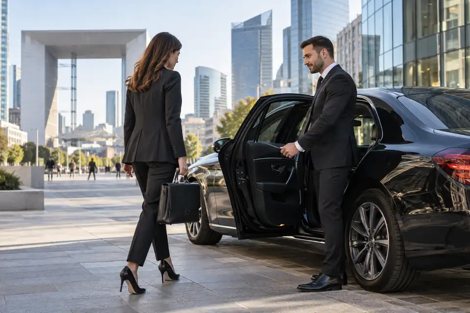Femme d’affaires avec une mallette et chauffeur près d’une berline noire devant les bureaux de La Défense