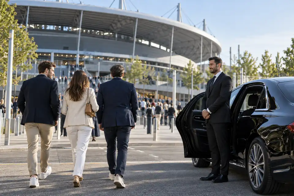 Berline noire avec chauffeur près d’un stade et spectateurs se dirigeant vers l’entrée