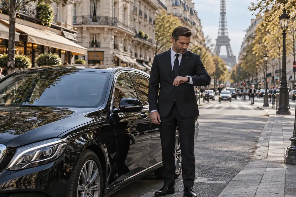 Chauffeur consultant sa montre près d’une berline noire stationnée dans une avenue parisienne