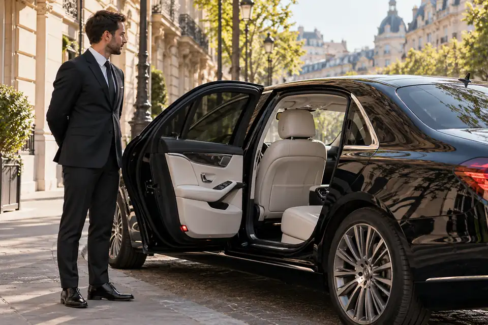 Chauffeur en costume près d’une berline noire ouverte sur un intérieur en cuir clair à Paris