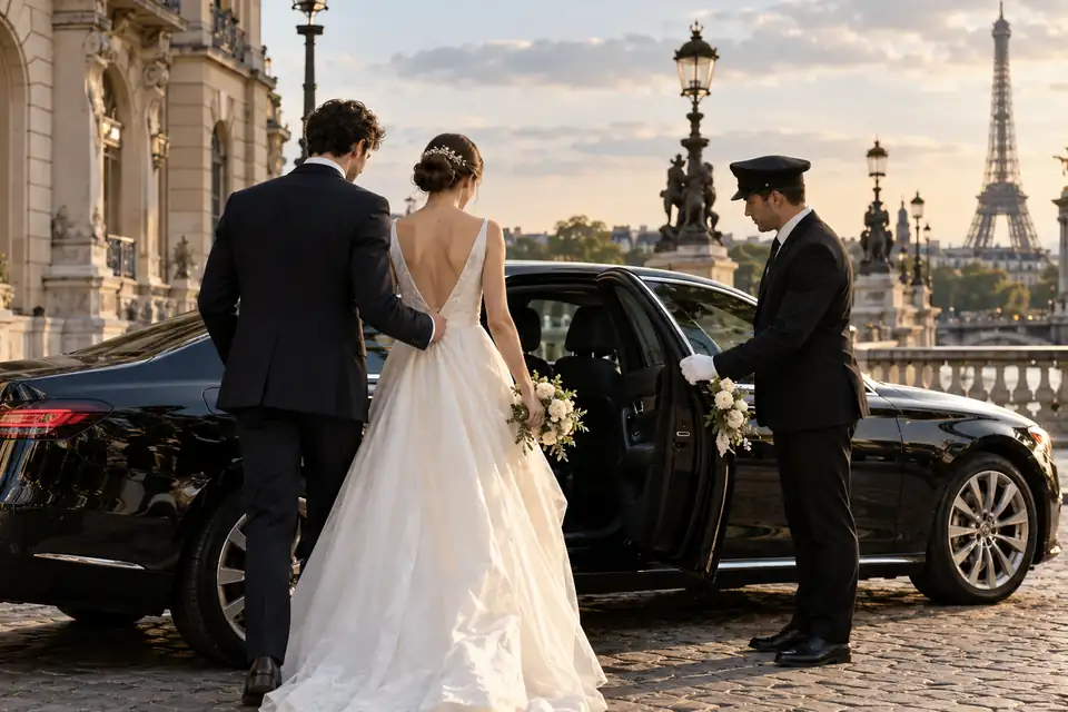 Mariés accueillis par un chauffeur près d’une berline noire avec la tour Eiffel en arrière-plan