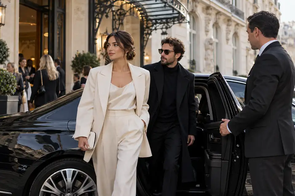 Professionnels de la mode accueillis par un chauffeur près d’une berline noire à l’entrée d’un événement parisien
