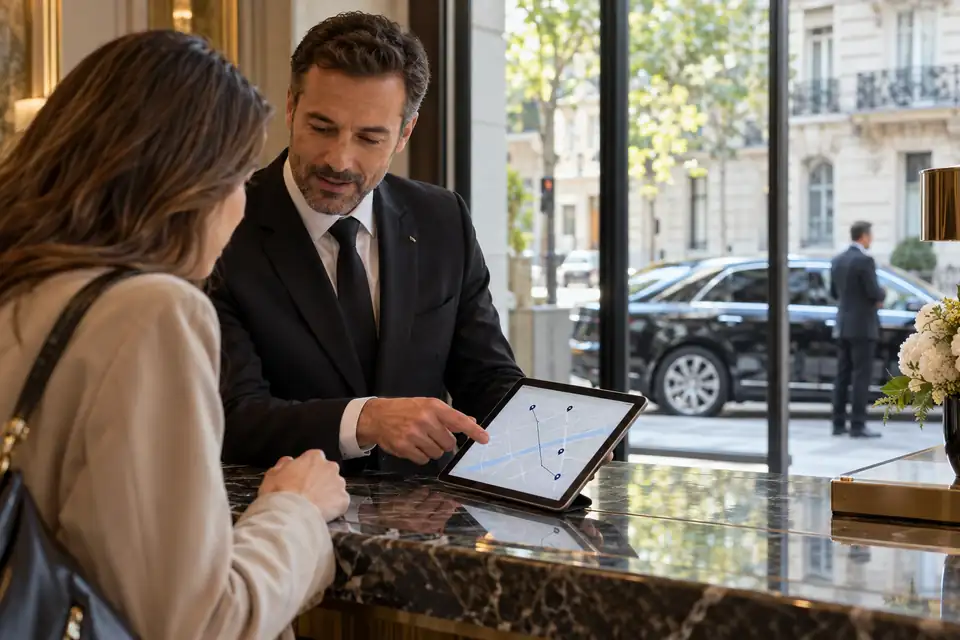Voyageur et chauffeur préparant un itinéraire sur une tablette à la réception d’un hôtel parisien