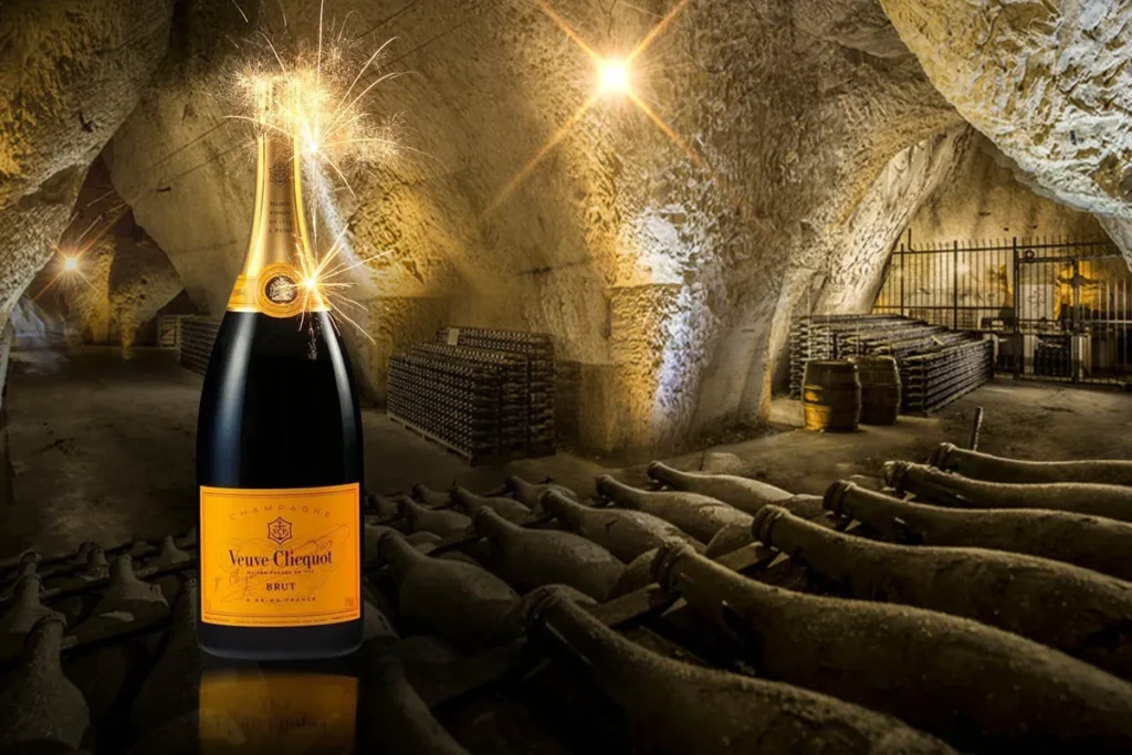 Bouteille de Champagne Veuve Clicquot devant des pupitres dans une cave voûtée