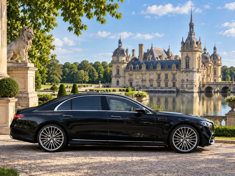 Mercedes S-Class in front of the Château de Chantilly and its gardens
