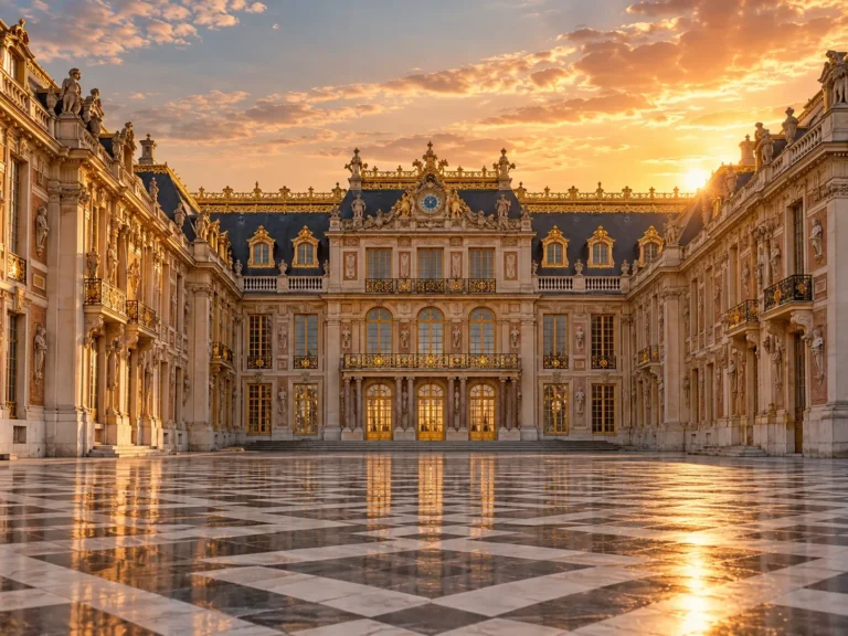 Palace of Versailles at sunset with its courtyard bathed in golden light