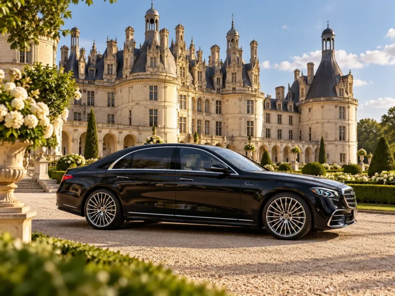 Mercedes S-Class outside a Loire Valley castle during a private journey