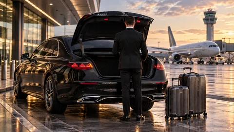 Chauffeur privé avec Mercedes Classe S à l’aéroport, passager et bagages