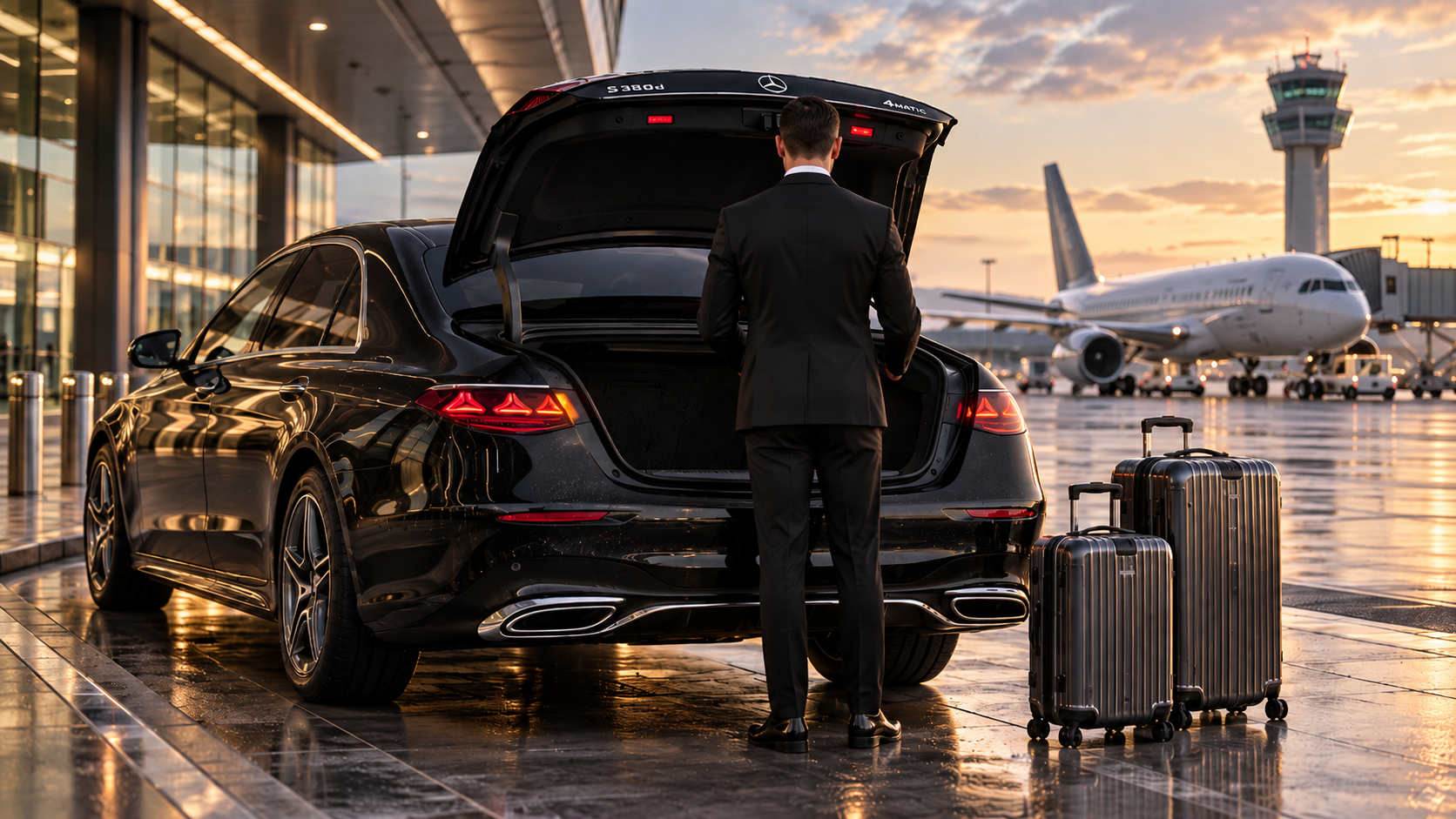 Chauffeur privé avec Mercedes Classe S à l’aéroport, passager et bagages