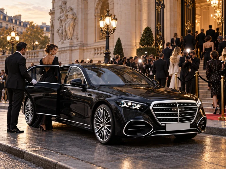 Mercedes S-Class with a private chauffeur at a fashion event in Paris