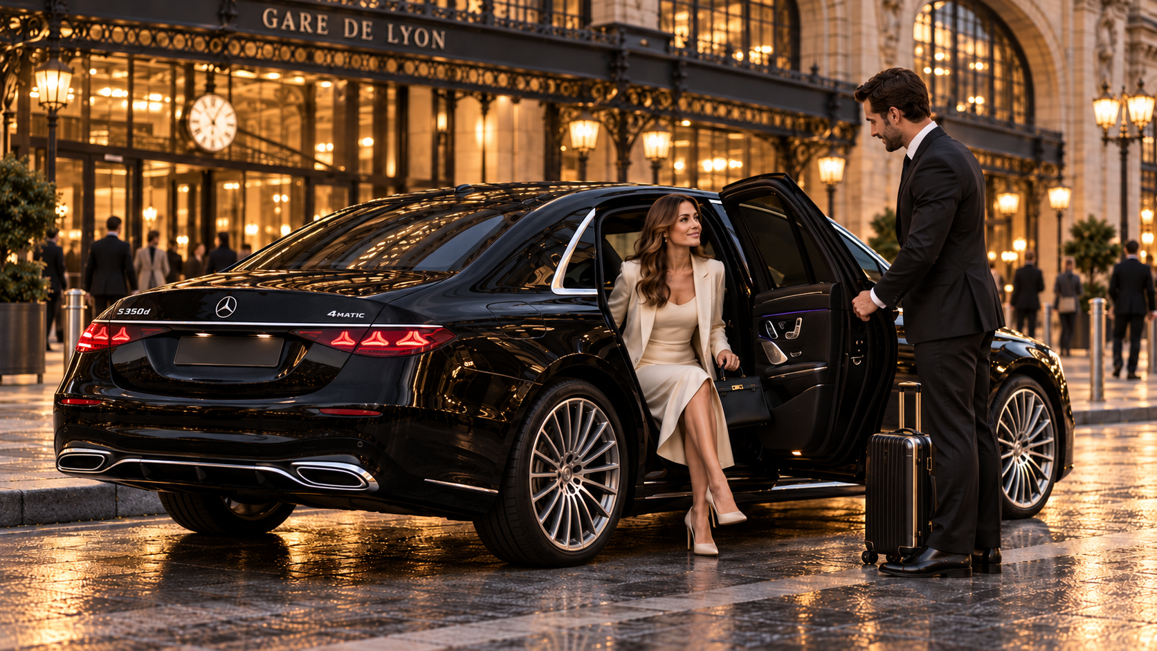 Chauffeur privé ouvrant la porte arrière d’une Mercedes Classe S devant la Gare de Lyon