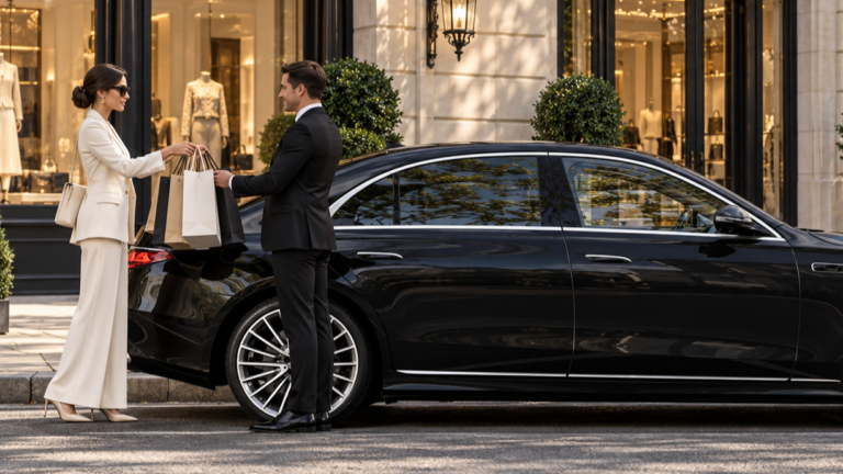 Customer handing shopping bags to her private chauffeur beside a luxury saloon in Paris