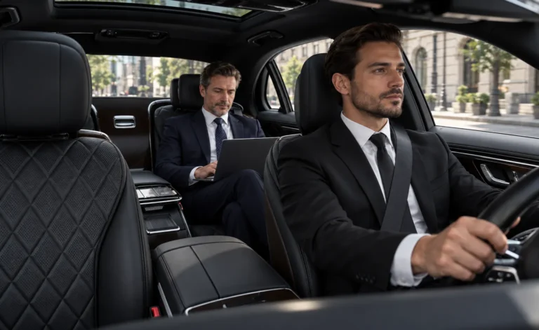 Business traveller working on a laptop in the rear of a chauffeur-driven saloon