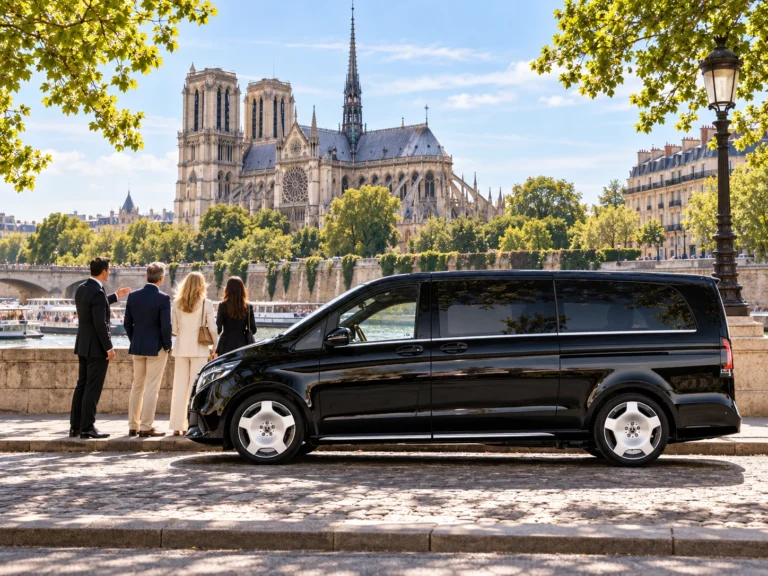Group of travellers with a private chauffeur and Mercedes V-Class outside Notre-Dame de Paris