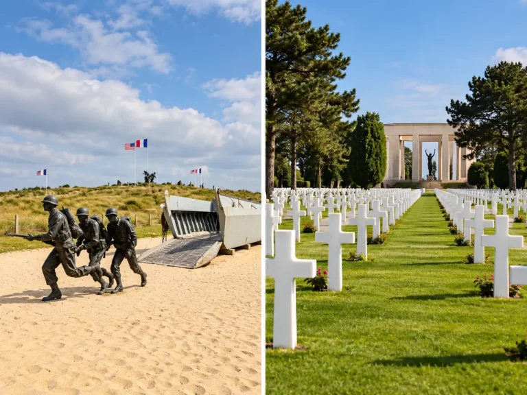 Normandy D-Day beaches with a military memorial and American cemetery