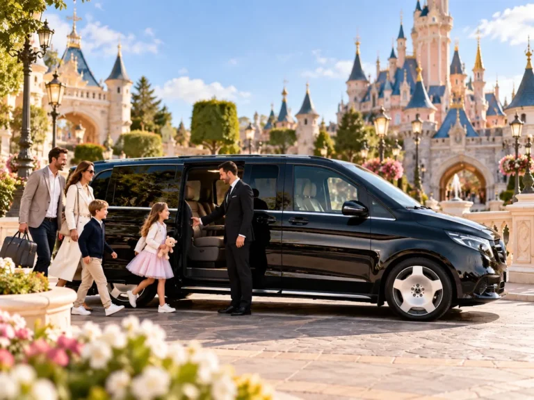 Family arriving in a chauffeur-driven Mercedes V-Class near Disneyland Paris