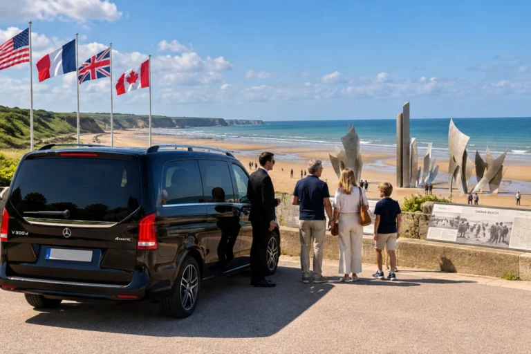 Mercedes Classe V avec chauffeur privé lors d’une excursion sur les plages du Débarquement en Normandie