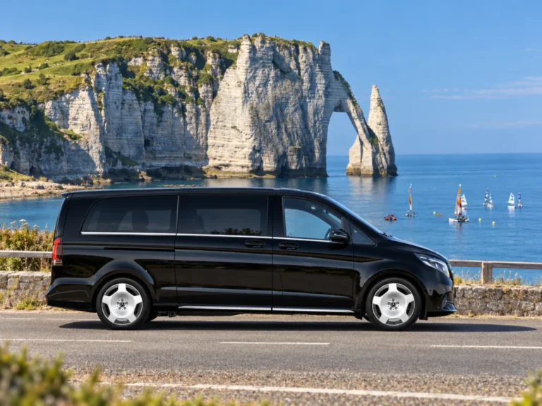 Mercedes Classe V face aux falaises d’Étretat lors d’une excursion privée au départ de Paris