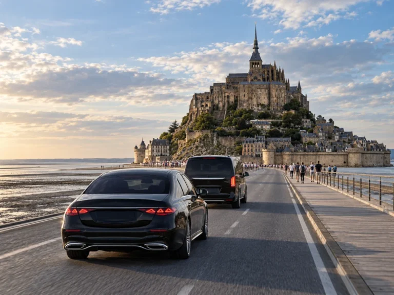 Mercedes Classe S et Classe V sur la route du Mont-Saint-Michel lors d’une excursion privée au départ de Paris