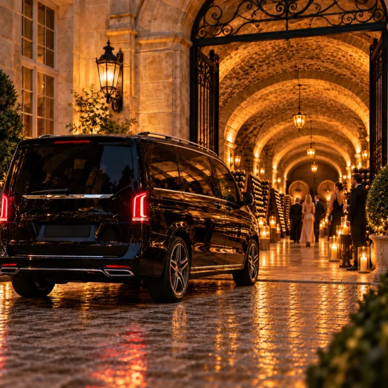 Mercedes Classe V devant une cave de Champagne lors d’une excursion privée à Reims