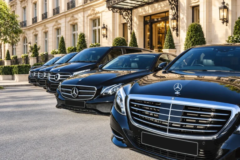Black Mercedes saloons and vans outside a Paris hotel.