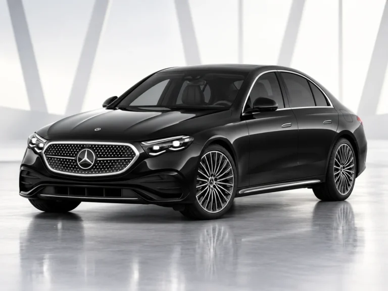 Mercedes Classe E – Vue avant Mercedes Classe E noire vue avant, véhicule avec chauffeur privé