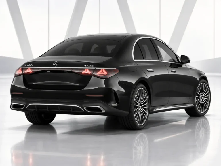 Mercedes Classe E – Vue arrière Mercedes Classe E noire vue arrière, berline avec chauffeur privé