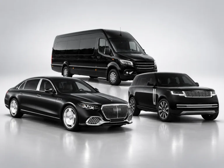 Mercedes-Maybach, Range Rover et Mercedes Sprinter – Benzo Paris Mercedes-Maybach, Range Rover et Mercedes Sprinter noirs présentés en studio pour un service de chauffeur privé