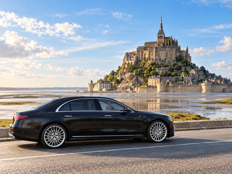 Mercedes S-Class facing Mont-Saint-Michel during a private journey