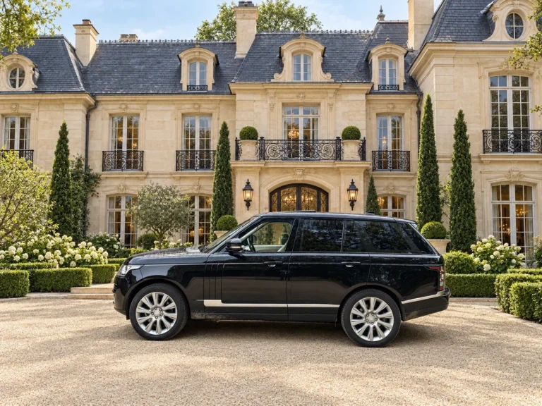 Black Range Rover in profile outside a grand stone residence and garden.