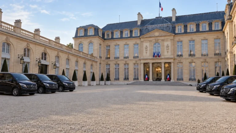 Six black Mercedes vans in the courtyard of a French palace.